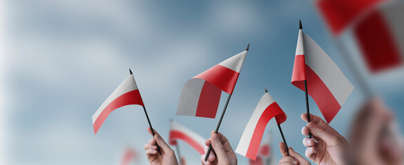 A group of people holding small flags of the Poland in their hands - obrazy, fototapety, plakaty