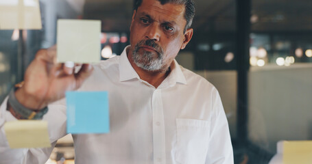CEO, sticky note or senior manager writing a marketing strategy or brainstorming ideas for business...