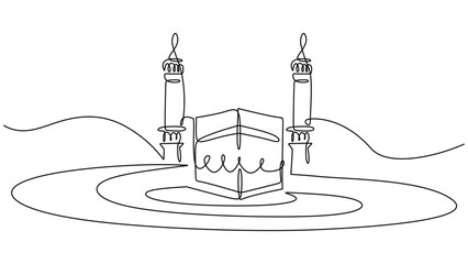 One line drawing of big kaaba isolated on white background. Continuous single line minimalism.