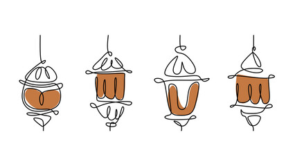 One line drawing of four lanterns isolated on white background. Continuous single line minimalism.