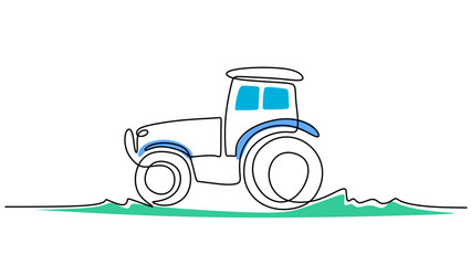 One line drawing of big tractor on field isolated on white background. Continuous single line minimalism.
