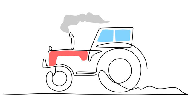 recommend clip art: One line drawing of big tractor isolated on white background. Continuous single line minimalism.