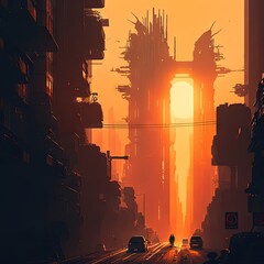 Cyberpunk City Silhouette, Cityscape, Urban Landscape Drawing Imitation, Abstract Generative AI Illustration