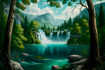 Waterfall that flows into an endless lake. Generative AI