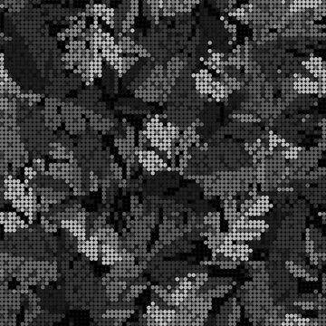 Camouflage gray pattern with leaves. PIXEL effect. Dense composition with overlapping elements. Army or hunting masking ornament for clothing, fabric, textile, sport goods design.