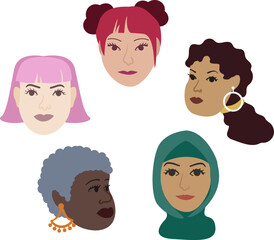 The set of vector illustrations of the five women's faces of different races and colors