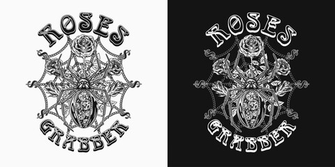 Surreal fantasy label with metallic robot spider in steampunk style, roses, dollar sign, text, spiderweb behind. Monochrome illustration for prints, clothing, tattoo, surface design.