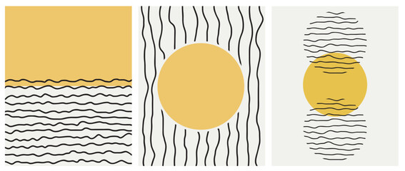 Collection of modern simple minimalistic boho style abstracts with yellow geometric shapes (circles) and black stripes (hand drawn) on background