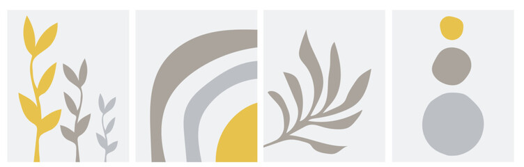 Collection of modern simple minimalist abstractions in boho style with geometric shapes (circles and arcs) in pastel shades with silhouettes of plants on a gray background