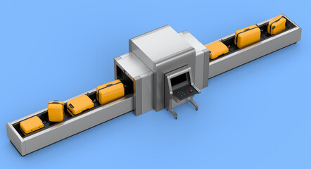 Airport luggage conveyor belt or baggage claim with X-ray scaner and suitcases