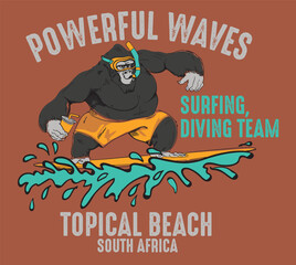 Gorilla illustration wave surf print design for t shirt print.