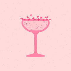 Champagne dessert glass. Alcohol drink with flowers. Rose wine for wedding and celebration. Light drink for bar in retro style. Flat vector illustration with texture