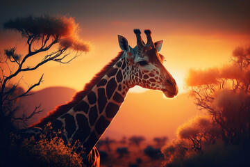 giraffe on sunset - obrazy, fototapety, plakaty