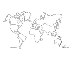 world map, hand-drawn, continuous monoline, drawing in one line