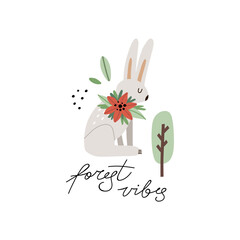 Hare print or card. Hand drawn cartoon scandinavian forest animal, forest vibes lettering text, cute scandi poster, kids t-shirt and nursery design. Woodland doodle style vector isolated illustration