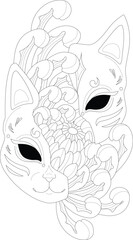 Jananese cat mask with peony flower sketch template. Cartoon graphic vector illustration in black and white for game, background, pattern, decor. Children`s story book, fairytail, coloring paper, page