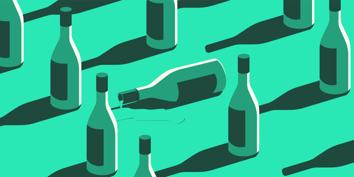 Many bottles of wine and one of them fell and spilled.