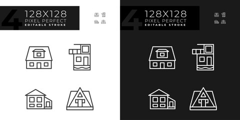 Vacation property pixel perfect linear icons set for dark, light mode. Bungalow rent. Summer holiday villa. Real estate. Thin line symbols for night, day theme. Isolated illustrations. Editable stroke