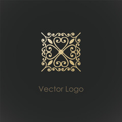 Gold logo. Golden hand drawn logotype minimal design for cosmetics, spa or boutique. Floral curvy decor. Luxury elegant tile, emblem or badge. Business fashion identity, vector isolated illustration