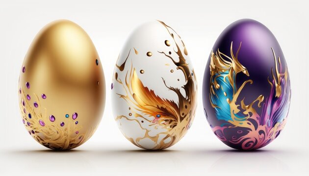 Colorful painted easter eggs on white. Generative AI