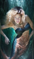 Portrait of a beautiful mermaid swimming in the ocean, thin long elegant figure, fit body, caudal fin and fluke, light blue eyes and long curly blonde hair, among fish nets, photo based AI Generative 