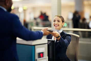 Woman, airport and service agent with passport helping traveler for check in at terminal counter. Female passenger assistant with smile in travel security or immigration documents for airline control - obrazy, fototapety, plakaty