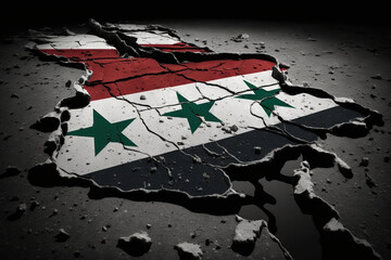 Cracked and broken Syria flag on surface asphalt after earthquake, pray for syria. AI Generative