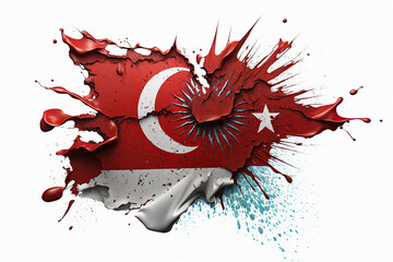 Cracked and broken Turkey flag on white surface after earthquake, pray for Turkish. AI Generative