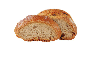Rye and wheat sourdough bread loaf and slice with spongy pulp and crispy crust isolated transparent...