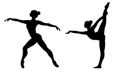 Beautiful set of silhouettes of a ballet dancer and a gymnast on a white background