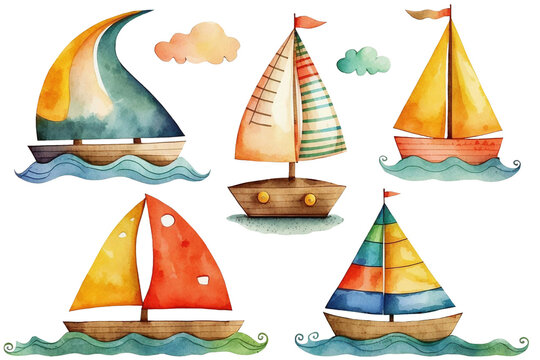 Cartoon sailboats. Watercolor clipart set. Transparent png.