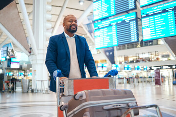 Luggage trolley, airport and travel man with international vacation, holiday or immigration for...