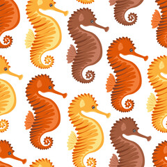 Seamless pattern with funny seahorse cartoon. Marine dweller. Concept of sea and ocean life. Modern print for fabric, textiles, wrapping paper. Vector illustration