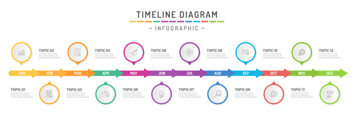 Presentation business infographic template. 12 months modern timeline diagram calendar with icons. Vector illustration