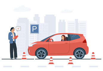 Taking a driving test at a driving school. Vector illustration.