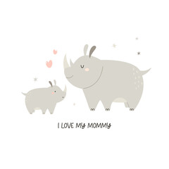 Vector illustration of cute young rhino and his mom. Adorable print with animals for kids in a modern flat style.