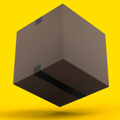 Cardboard box or carton on yellow background carrying parcel and online shopping