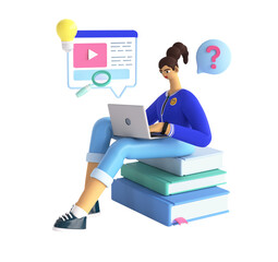 Online education concept. Young woman is learning, watching video and tutorials. Female character taking web course, researching information for examination. 3d render illustration.