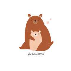 Vector illustration of cute young bear and his mom. Adorable print with animals for kids in a modern flat style.