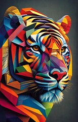 Colorful Creative Abstract Tiger Head, Contemporary Art, Rainbow Geometric Structures, Multicolor Poster, Pop Surrealism