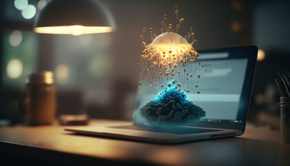 Illustration d'un virus, sur un fond flou d'un bureau avec un ordinateur. Détection de virus informatique, logiciel espion, piratage, concept de sécurité réseau Internet (AI)