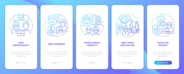 Managers and employees age gap blue gradient onboarding mobile app screen. Walkthrough 5 steps graphic instructions with linear concepts. UI, UX, GUI template. Myriad Pro-Bold, Regular fonts use