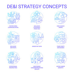 DEI strategy in workplace blue gradient concept icons set. Support diversity, equity and inclusion idea thin line color illustrations. Isolated symbols. Roboto-Medium, Myriad Pro-Bold fonts used