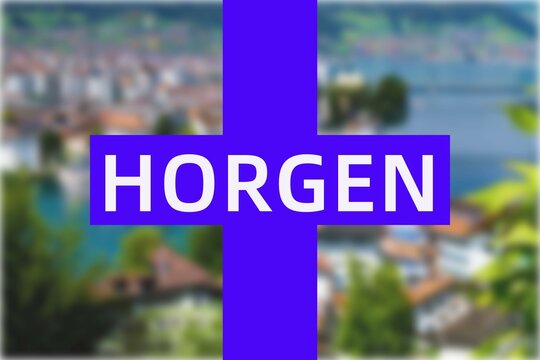 Horgen: Der Name der schweizer Stadt Horgen im Kanton Z&uuml;rich vor einem Hintergrundbild