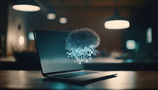 Virus informatique sur un fond flou d'un bureau avec un ordinateur. D&eacute;tection de virus informatique, logiciel espion, piratage, concept de s&eacute;curit&eacute; r&eacute;seau Internet (AI)