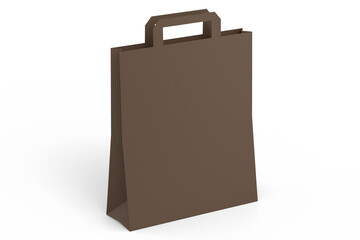 Folded kraft paper bag with handle isolated on white background.