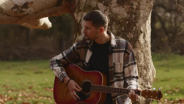 A young man plays the guitar alone, leaning against a wide trunk of a tree outside in a park in a forest. Autumn landscape and temperature. High quality 4k footage