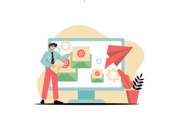 Concept Email service with people scene in the flat cartoon style. Man corrects the sending of e-mails to recipients.