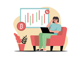 Concept Crypto with people scene in the flat cartoon style. Woman works on a cryptocurrency exchange sitting at home.