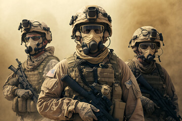 Special Forces Military Unit with Tactical Gear, Wartime, Battlefield. Illustration Graphic Design with Generative AI.